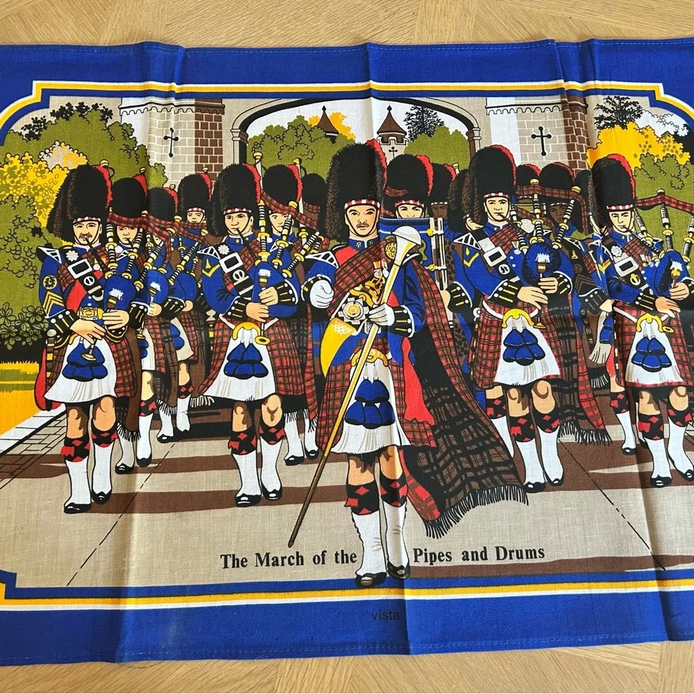 Vintage Scottish Tea Towel‎ With March of the Pipes and Drums Linen